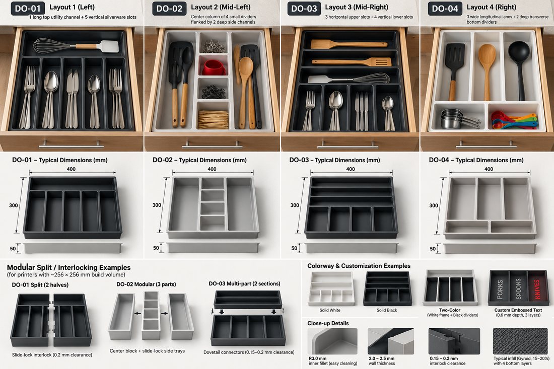 Custom drawer organizer layouts in black and white, made to drawer dimensions